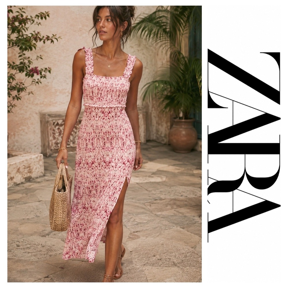 Zara Pink White Ikat Smocked Linen Blend Boho Midi Dress Beach Coastal Resort XL
